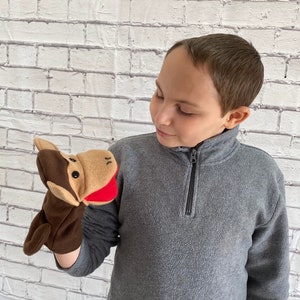 Monkey hand puppet black felt hand stitched eyes movable mouth fleece fabric washable puppets