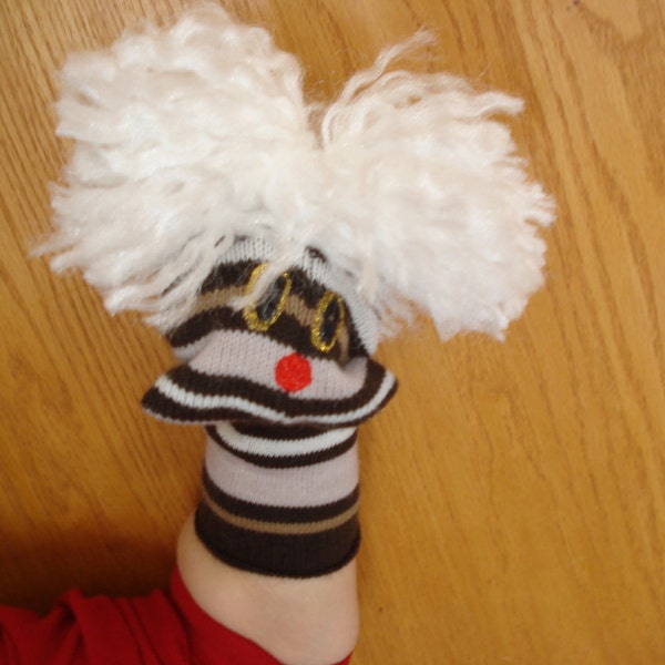 Wild and wooly creature Sock Puppet white yarn hair brown tan ecru white stripes