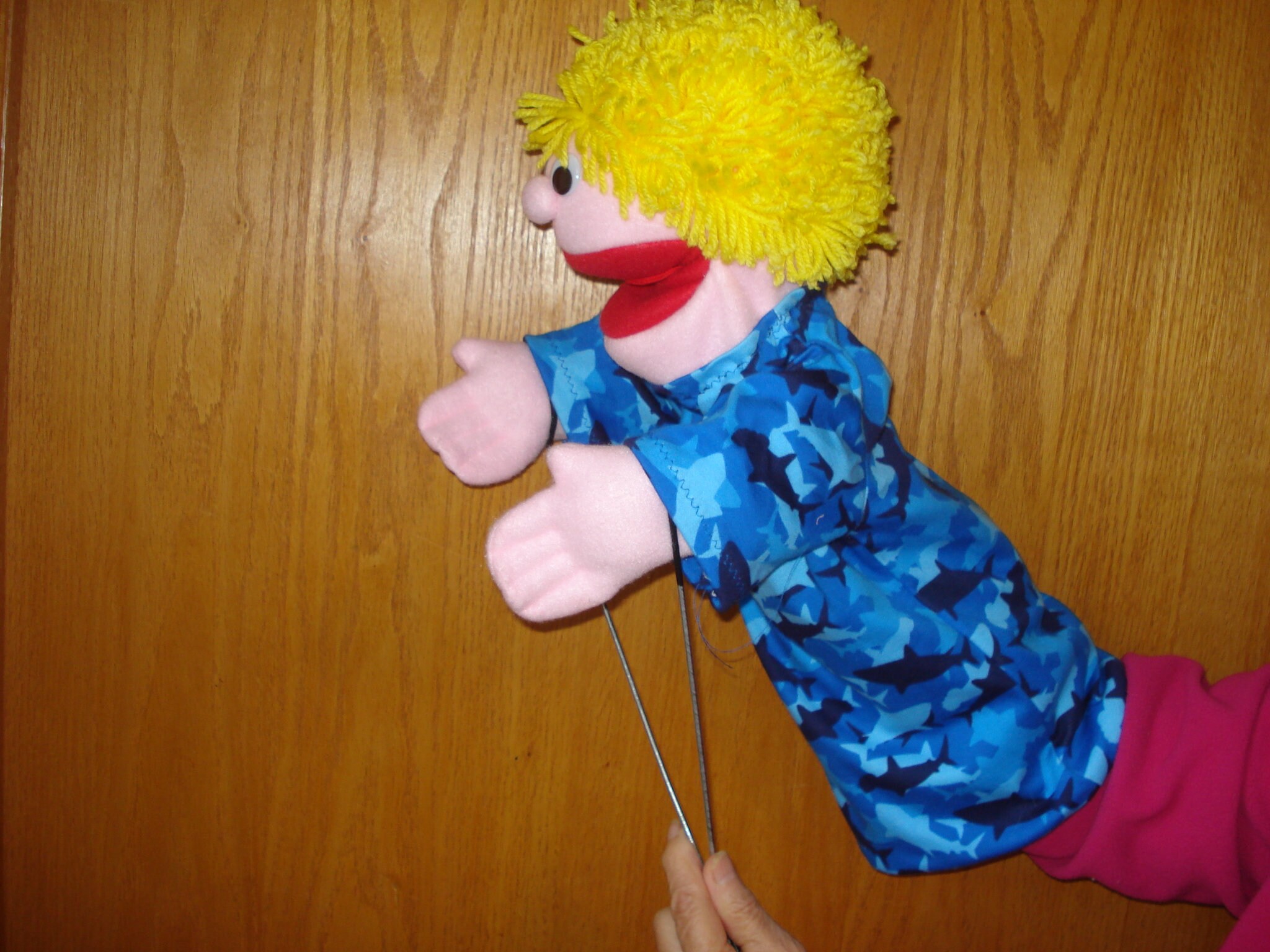 Free shipping Boy hand puppet blond yarn hair shark print Etsy