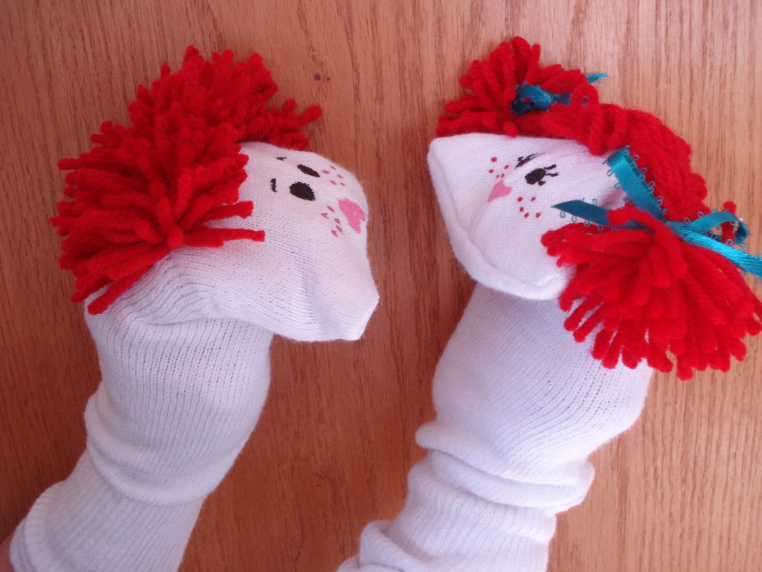 Set of 2 Sock Puppets red yarn hair boy & red yarn braids girl VBS classroom fun 