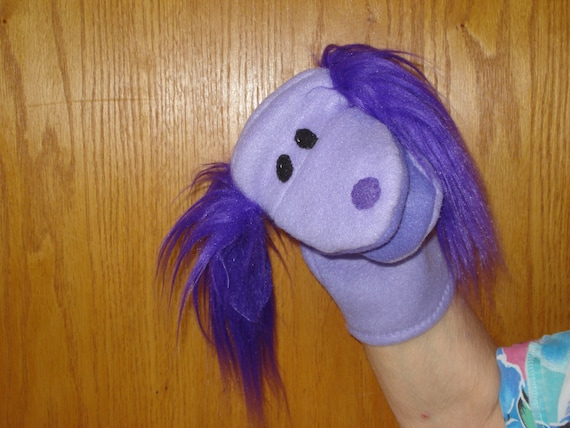 Dog puppet movable mouth purple shaggy ears 