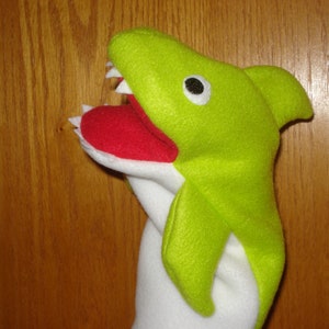 handmade Green shark hand puppet movable mouth felt sewn on eyes