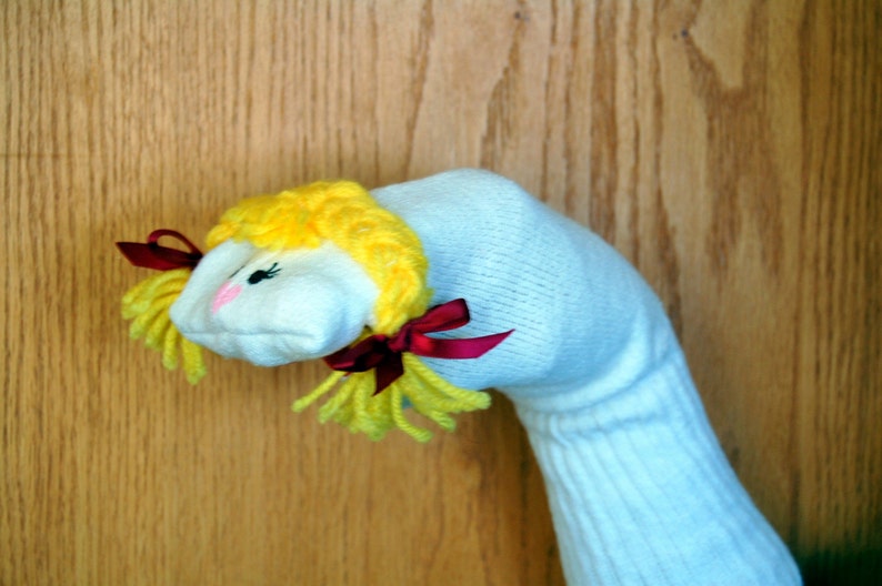 Girl Sock Puppet blond yellow yarn braids theater roleplaying Etsy