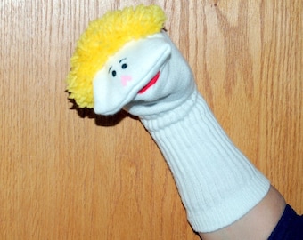 Boy with blond yarn hair Sock Puppets from Puppets by Margie