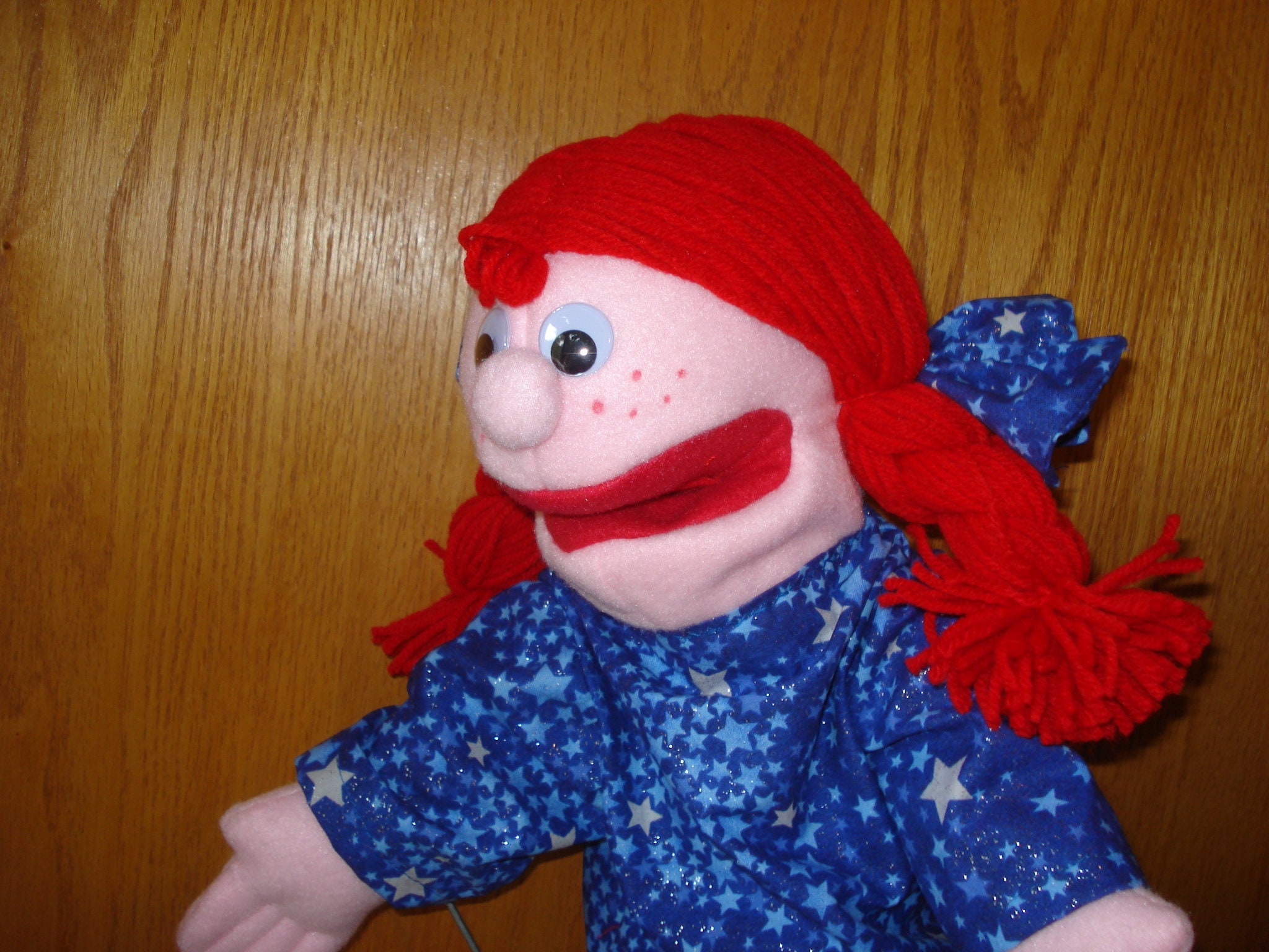 Girl hand puppet movable mouth red yarn braids 18 inches tall Etsy Nederland