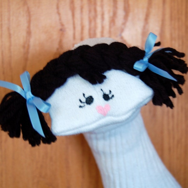 Girl Sock Puppet with movable mouth black braids