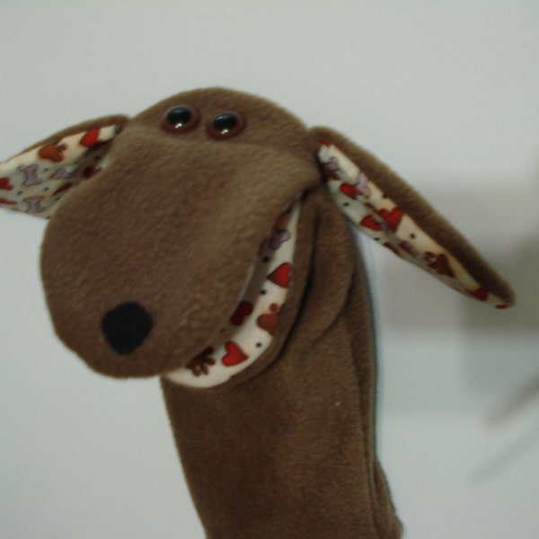 Brown Dog with print ears hearts paws and bones hand puppet