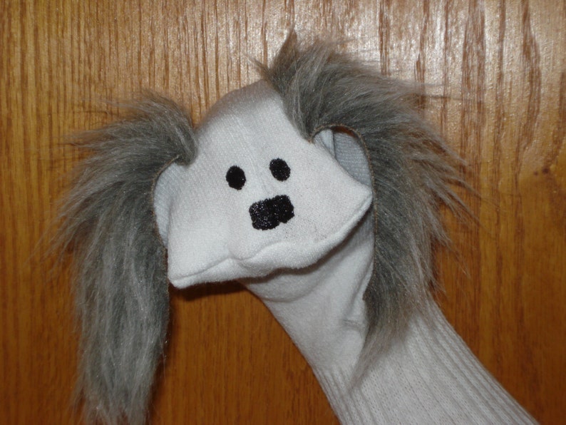 Dog with grey furry ears moveable mouth Sock Puppet from Etsy