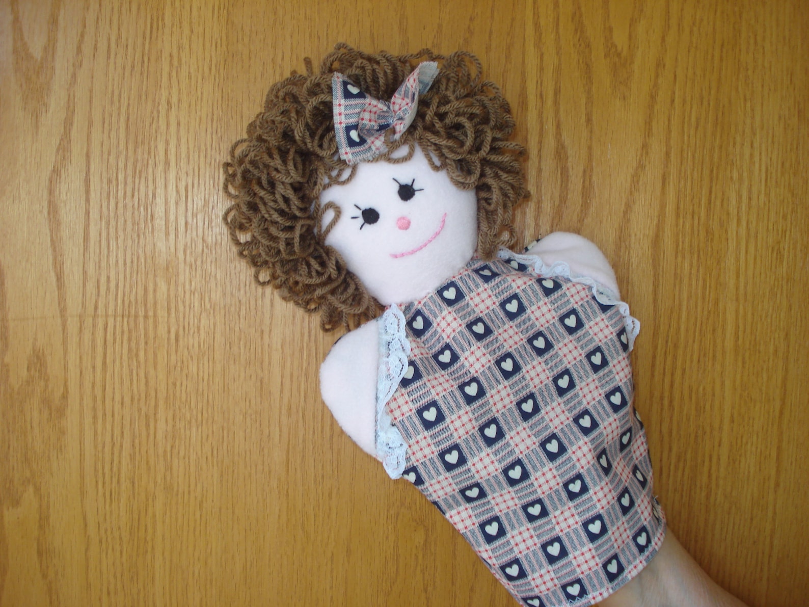 Girl Hand Puppet Brown Yarn Hair Embroidery Hand Stitched Face Etsy