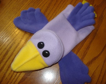 Bird hand puppet mouth is moveable safe felt sewn on eyes purple orchid