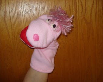 Pink hand puppet fleece fabric angora yarn hair  movable mouth puppets