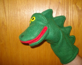 Dinosaur hand puppet hand sewn felt eyes movable mouth green handmade