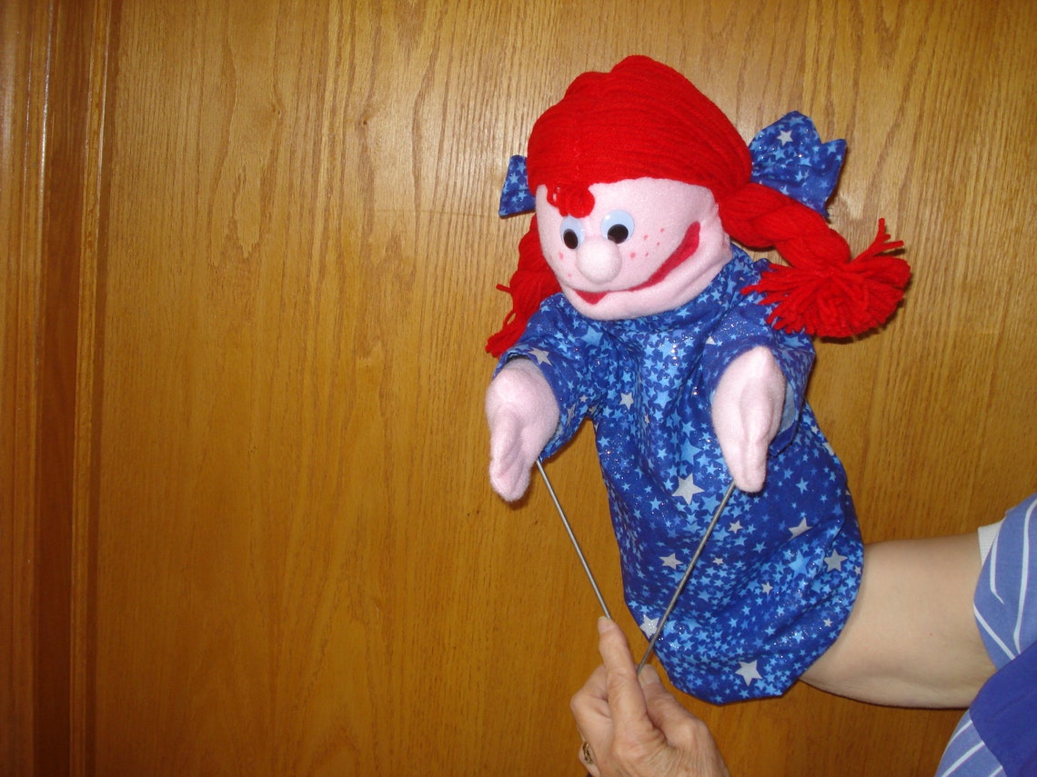 Girl Hand Puppet Movable Mouth Red Yarn Braids 18 Inches Tall Etsy