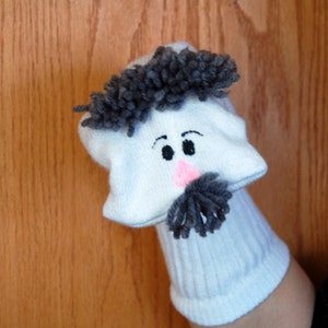 Grandfather sock puppet  with movable mouth grey hair speech therapy