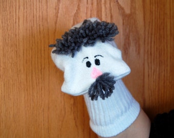 Grandfather sock puppet  with movable mouth grey hair speech therapy