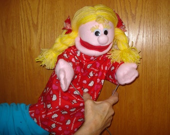 18 inch Girl Hand and rod Puppet movable mouth red dress blond hair adult size puppets