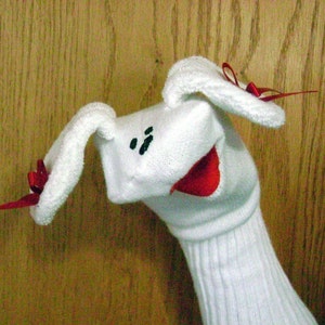 hand made White Dog Sock Puppet  made in the USA class room aid