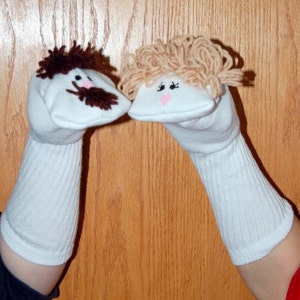 Mother and  Father Sock Puppets hand made visual aid classroom story