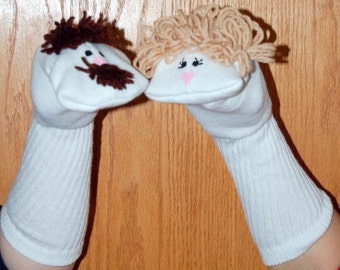 Mother and  Father Sock Puppets hand made visual aid classroom story