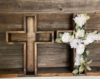 Set of 2 Rustic Pine Wood Crosses with Flowers: Farmhouse Wall Art, Tabletop Display