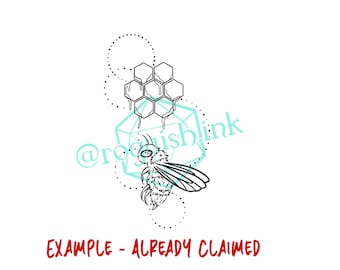 Puede incluir: Ilustración en blanco y negro de una abeja con un diseño de panal. La abeja tiene alas detalladas y un cuerpo estilizado. El texto rojo "EXAMPLE - ALREADY CLAIMED" está en la parte inferior.
