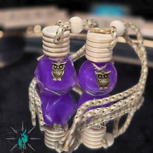 May include: Two purple car air fresheners with wooden tops and owl charms. The bottles are connected by a beige and gold rope. The background is a reflective surface.