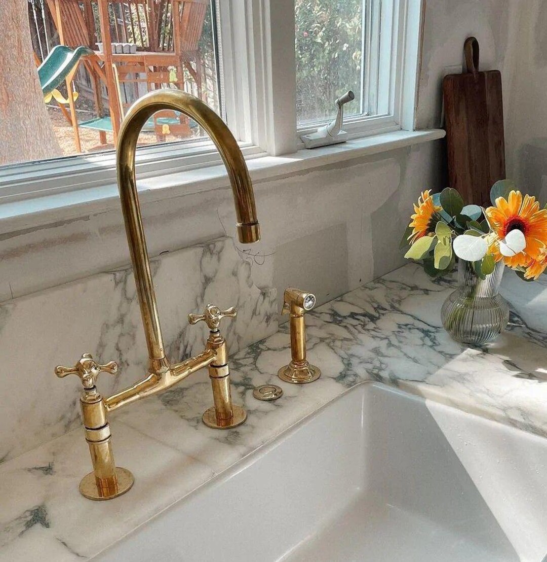 Antique Style Solid Brass Bridge Faucet - Vintage Kitchen Sink Faucet ...