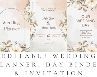 Op de afbeelding: Bewerkbare sjablonen voor een bruiloftplanner, dagbinder en uitnodiging met bloemmotieven. De planner heeft de tekst "Wedding Planner" in een bruine boog. De uitnodiging heeft de tekst "You are invited to the wedding of Julie Tyler & Adam Jacobi" met een datum en tijd. De dagbinder heeft de tekst "Our Wedding Day" met de namen van het paar en de datum.