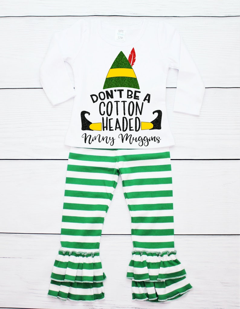 Girls Elf Christmas Outfit with Green Stripe Ruffle Pants and Christmas Shirt Baby Girl Christmas Ruffle Pants Outfit Size 2-6 yrs