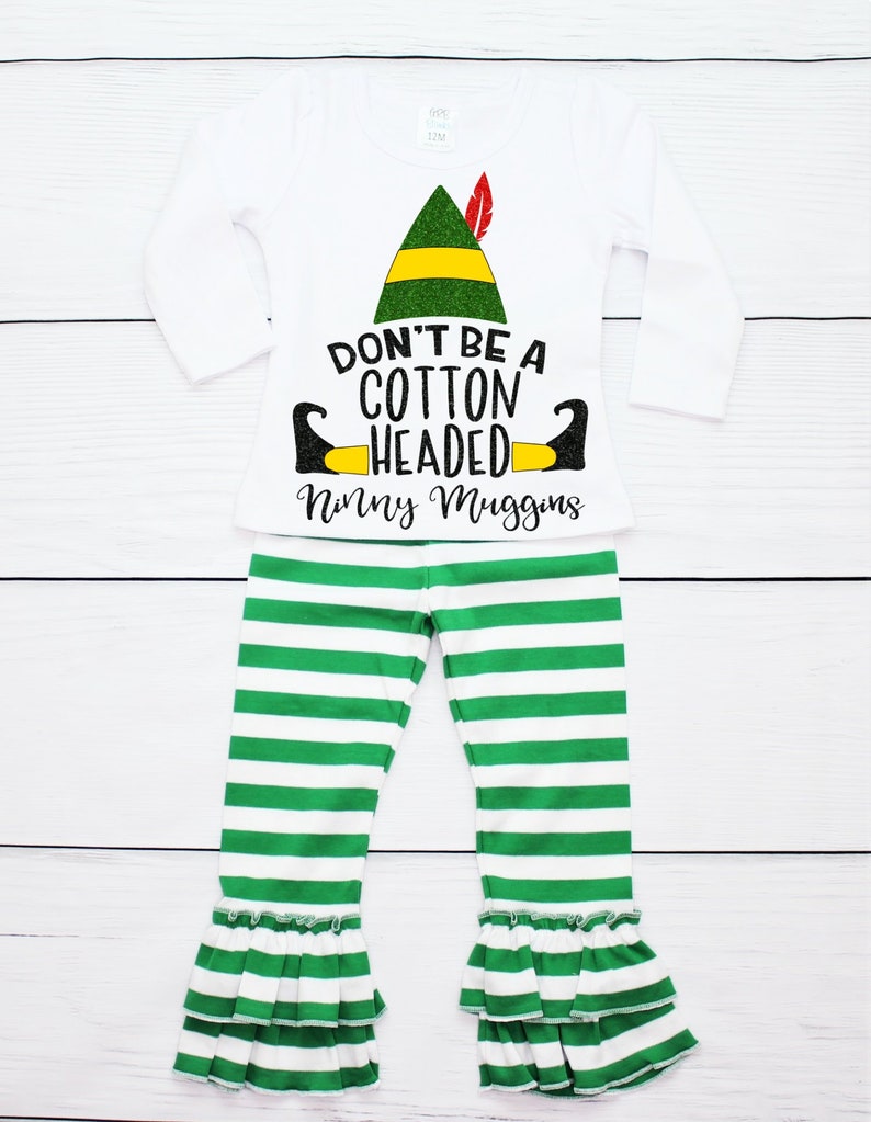 Girls Elf Christmas Outfit with Green Stripe Ruffle Pants and Christmas Shirt Baby Girl Christmas Ruffle Pants Outfit Size 2-6 yrs