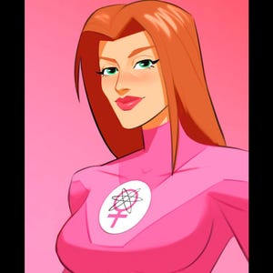 May include: A woman with long, red hair is wearing a pink suit with a white symbol on the chest. The symbol is a circle with a female symbol and a stylized atom inside.