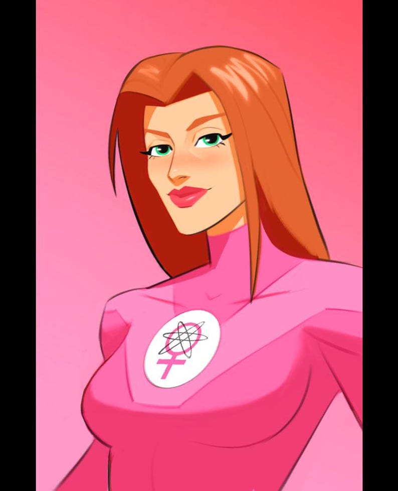 May include: A woman with long, red hair is wearing a pink suit with a white symbol on the chest. The symbol is a circle with a female symbol and a stylized atom inside.