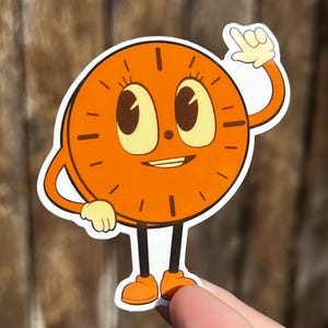 May include: Orange clock character with a smiling face and large eyes. The clock has black hands and a white outline. The character is wearing orange shoes and has white arms and legs.