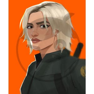 May include: A woman with short, white hair wearing a dark green jacket with a patch on the shoulder. The background is a solid orange colour.