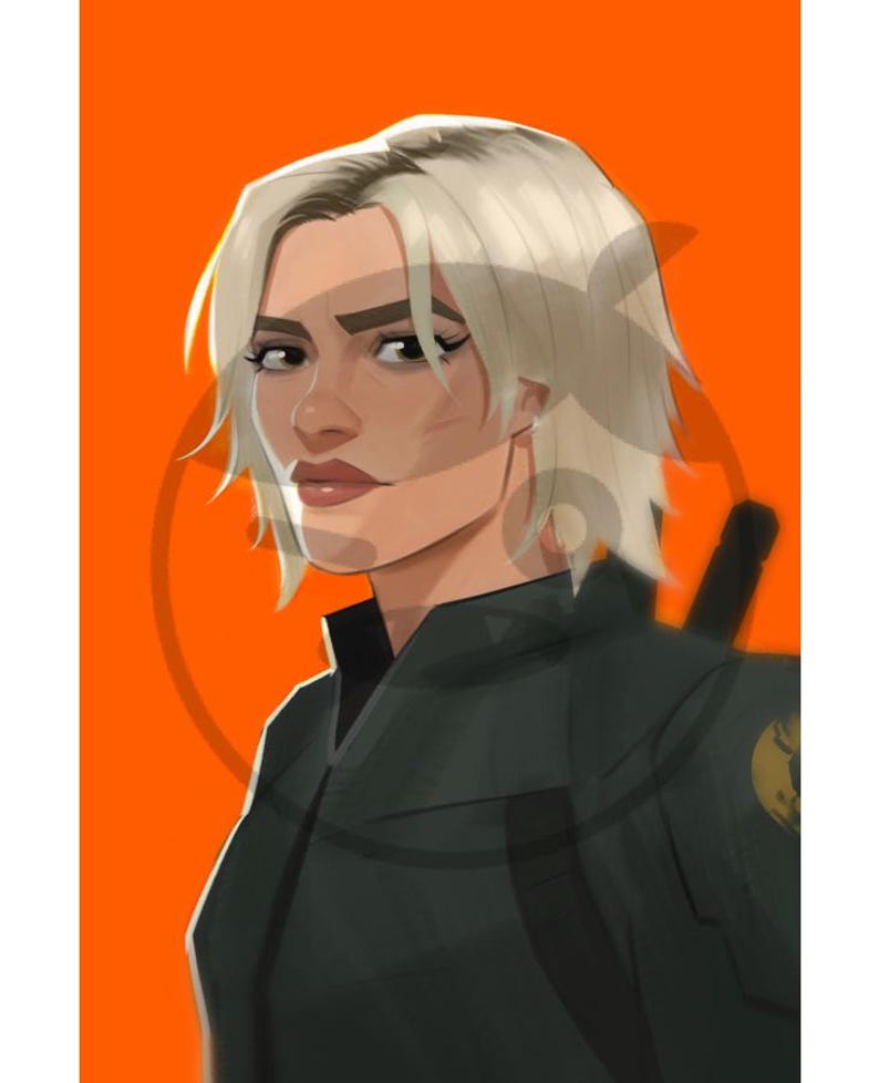 May include: A woman with short, white hair wearing a dark green jacket with a patch on the shoulder. The background is a solid orange colour.