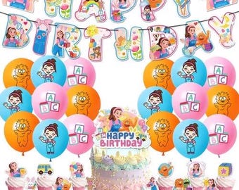 Könnte beinhalten: Ein festliches Geburtstagsdekorationsset mit Kuchen, Cupcakes, Luftballons und Bannern. Der Kuchen ist mit den Worten "Happy Birthday" verziert. Luftballons sind blau, rosa und orange. Das Banner zeigt "Happy Birthday".