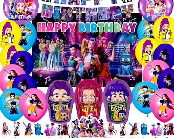 May include: A colorful birthday party decoration set featuring balloons, banners, and cupcake toppers. The set includes balloons in various colors with cartoon character designs, a banner that says "Happy Birthday", and cupcake toppers with character illustrations.