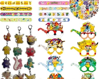May include: A collection of colorful Pokémon-themed accessories, including bandages, keychains, and novelty glasses. The bandages feature various Pokémon characters. The keychains showcase different Pokémon designs. The glasses have Pokémon character designs.