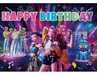 Könnte beinhalten: Ein farbenfrohes Geburtstags-Themen-Grafik mit dem Text "HAPPY BIRTHDAY" in Pink, Blau und Grün. Das Bild zeigt stilisierte Figuren, darunter Sänger und eine blaue Cartoon-Katze, vor einem farbenfrohen, futuristischen Hintergrund.
