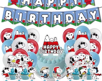 May include: A festive birthday party set featuring Snoopy. Includes a banner that reads "Happy Birthday", balloons, a cake with a Snoopy cake topper, cupcakes, and Snoopy character decorations. The color scheme is red, white, blue, and light blue.