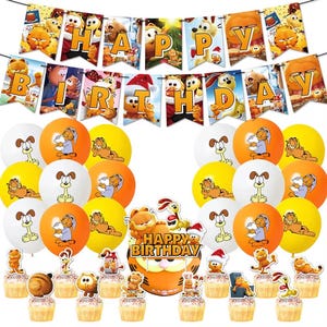Garfield birthday decoration, Garfield birthday balloon, banner, cake topper, cup cake toppers, 32pcs