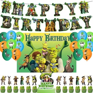 May include: A Shrek-themed birthday party decoration set. Includes a banner that reads "Happy Birthday", balloons with Shrek characters, cake toppers, and cupcake decorations. The color scheme is green, orange, blue, and yellow.