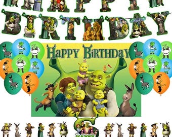 May include: A Shrek-themed birthday party decoration set. Includes a banner that reads "Happy Birthday", balloons with Shrek characters, cake toppers, and cupcake decorations. The color scheme is green, orange, blue, and yellow.