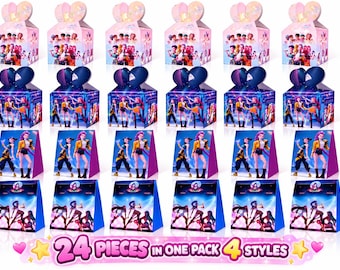 May include: A set of 24 paper favor boxes in 4 distinct styles featuring colorful character graphics. The top row shows pink heart-topped boxes, the second row dark blue heart-topped boxes, and the bottom two rows feature triangular boxes.