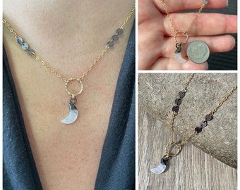 Oxidized Crescent Moon Moonstone Necklace, Mixed Metal Necklace, Two Tone Necklace, Half Moon Necklace, Gemstone Crescent Moon Necklace