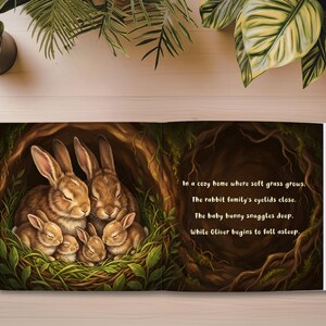 May include: A children's book illustration featuring a family of brown rabbits nestled together in a cozy burrow. The image has a warm, inviting color palette with text on the right page. The text reads: "In a cozy home where soft grass grows."