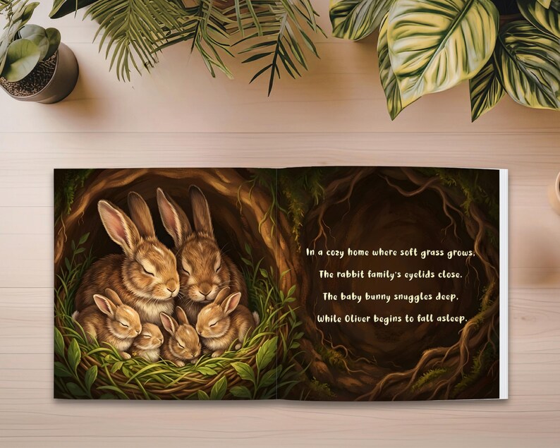 May include: A children's book illustration featuring a family of brown rabbits nestled together in a cozy burrow. The image has a warm, inviting color palette with text on the right page. The text reads: "In a cozy home where soft grass grows."