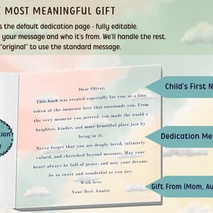 May include: An open book with a dedication page. The text reads "THE MOST MEANINGFUL GIFT" and includes a message to "Oliver" from "Your Best Auntie." The page has a soft, pastel color scheme with cloud illustrations.
