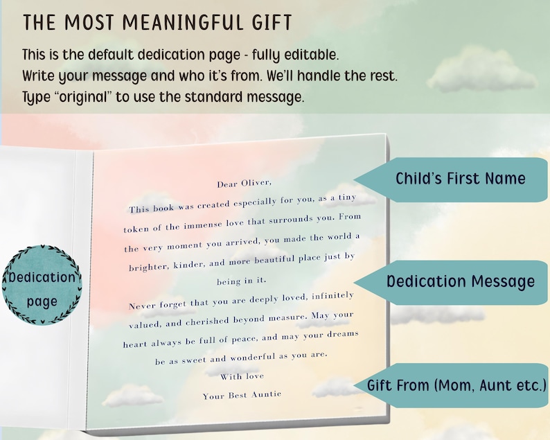 May include: An open book with a dedication page. The text reads "THE MOST MEANINGFUL GIFT" and includes a message to "Oliver" from "Your Best Auntie." The page has a soft, pastel color scheme with cloud illustrations.