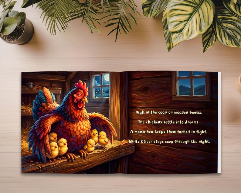 May include: A children's book illustration depicts a hen with her chicks in a coop. The hen is orange, red, and blue, with yellow chicks. Text reads: "High in the coop on wooden beams. The chickens settle into dreams..."